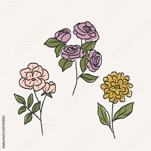 Line art flowers illsutration. Trendy floral drawing