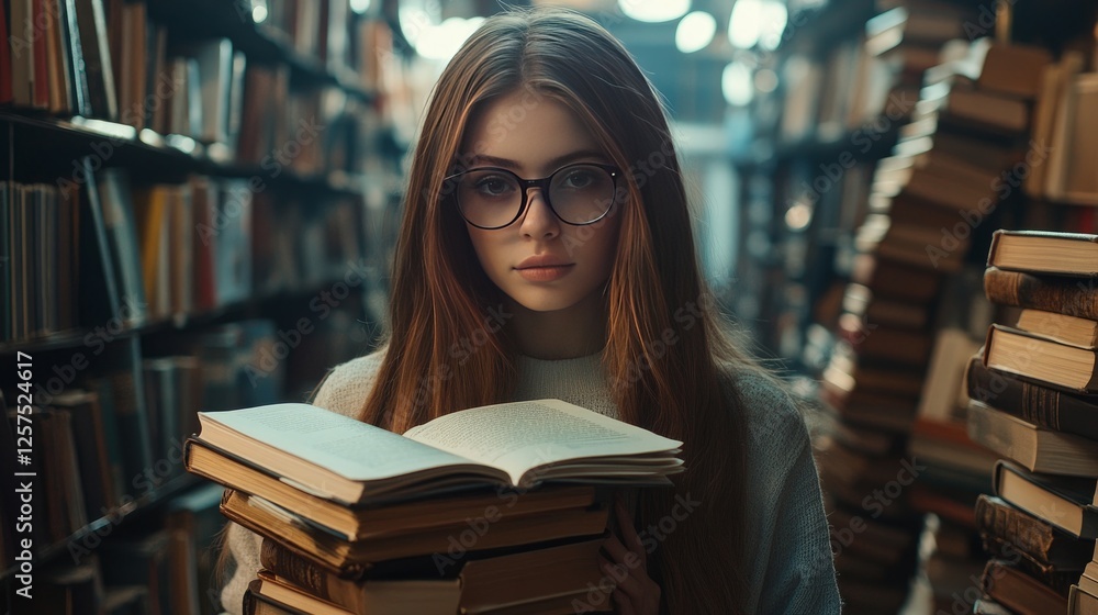 An image of a stunning, intelligent, twentysomething, hipster high school girl wearing glasses while she holds a stack of books in a university library or bookstore to study for an exam or complete ho An image of a stunning, intelligent, twentysomething, hipster high school girl wearing glasses while she holds a stack of books in a university library or bookstore to study for an exam or complete ho