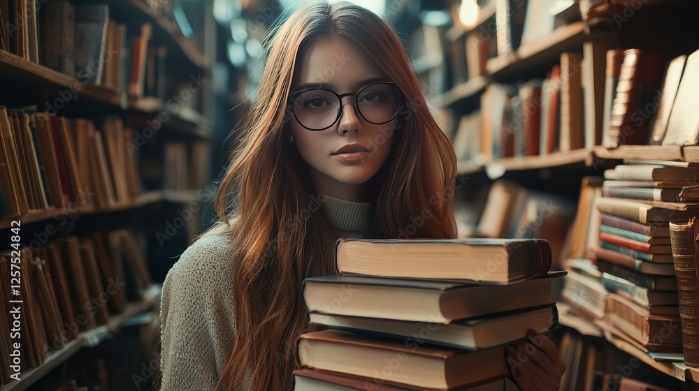 An image of a stunning, intelligent, twentysomething, hipster high school girl wearing glasses while she holds a stack of books in a university library or bookstore to study for an exam or complete ho An image of a stunning, intelligent, twentysomething, hipster high school girl wearing glasses while she holds a stack of books in a university library or bookstore to study for an exam or complete ho