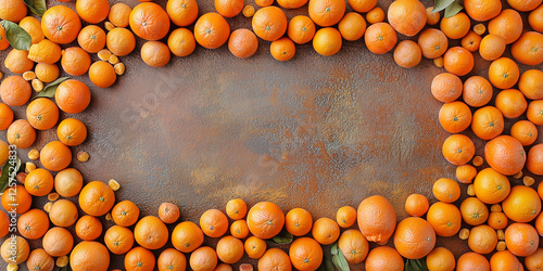 Draufsicht auf einen Rahmen mit Orangen und mit Platz für Text in der Mitte - Werbeschild photo