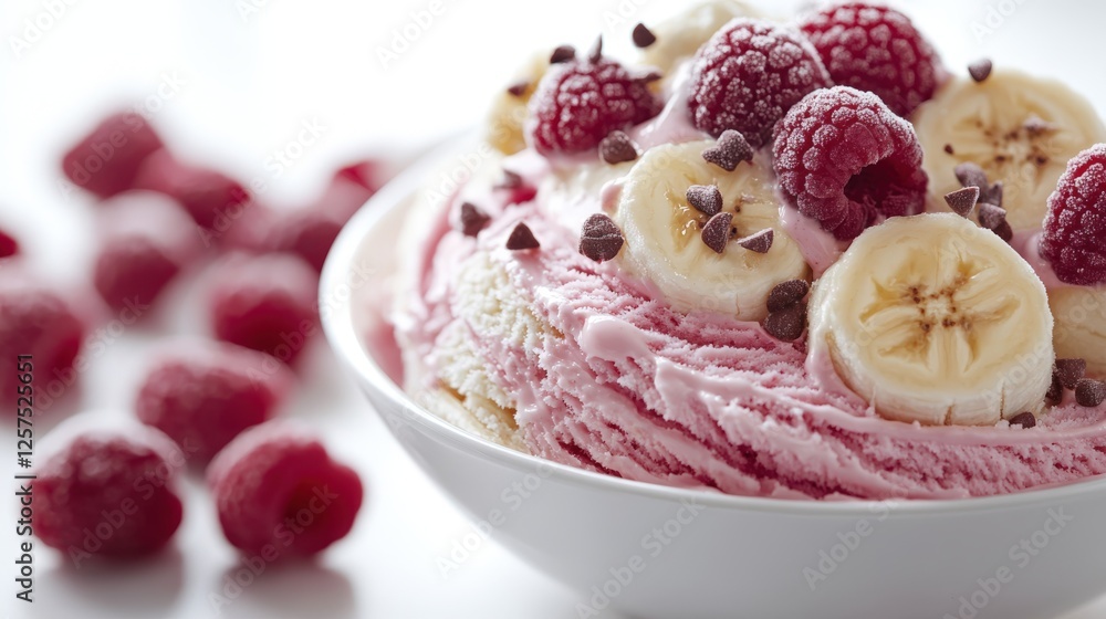 Delicious banana split dessert featuring ice cream and fresh fruits on a white background Delicious banana split dessert featuring ice cream and fresh fruits on a white background