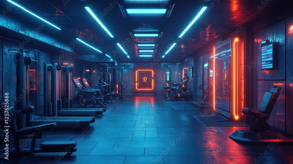 Futuristic gym interior, neon lights, sleek equipment. Futuristic gym interior, neon lights, sleek equipment.