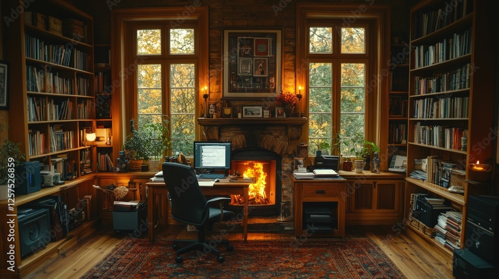 Cozy autumn study, fireplace warmth, bookshelves. Cozy autumn study, fireplace warmth, bookshelves.