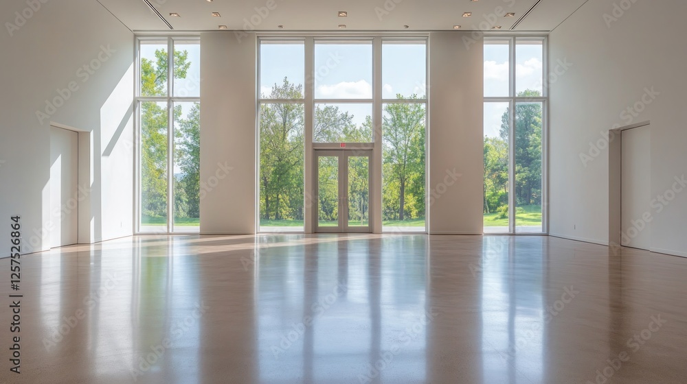 Obraz premium Sunlit gallery interior with large windows, showcasing tranquil landscape