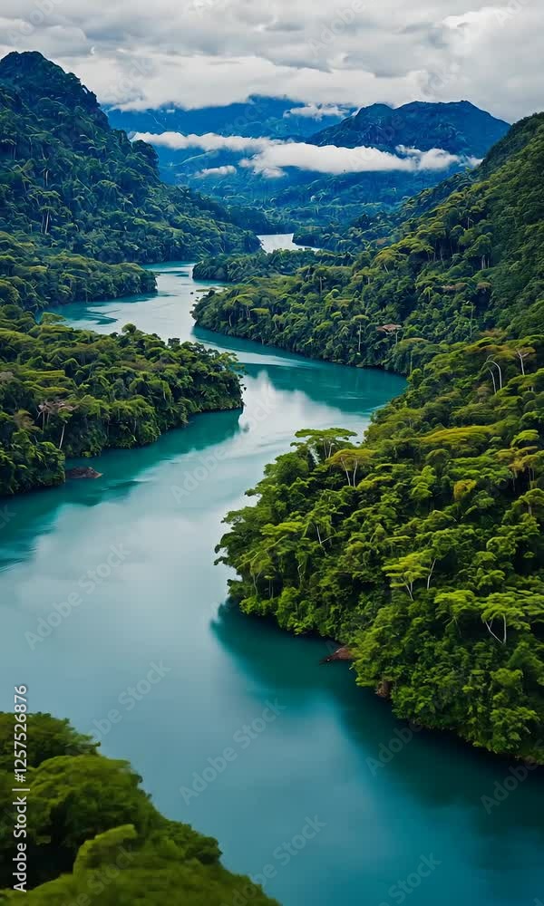 Aerial Drone FPV View of a Serpentine Winding River Flowing Through Lush Tropical Rainforest – Stunning Waters and Dense Greenery in a Pristine Jungle Vertical Landscape Aerial Drone FPV View of a Serpentine Winding River Flowing Through Lush Tropical Rainforest – Stunning Waters and Dense Greenery in a Pristine Jungle Vertical Landscape