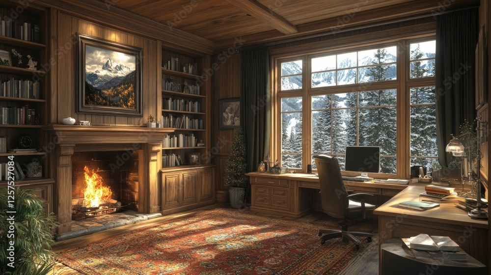 Cozy wooden study, winter mountain view, fireplace. Cozy wooden study, winter mountain view, fireplace.