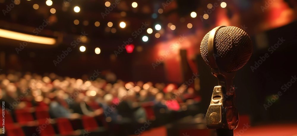 Photo of a microphone on a stand in the blurred background of a stage with an audience