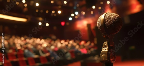 Obraz na płótnie Photo of a microphone on a stand in the blurred background of a stage with an audience w salonie