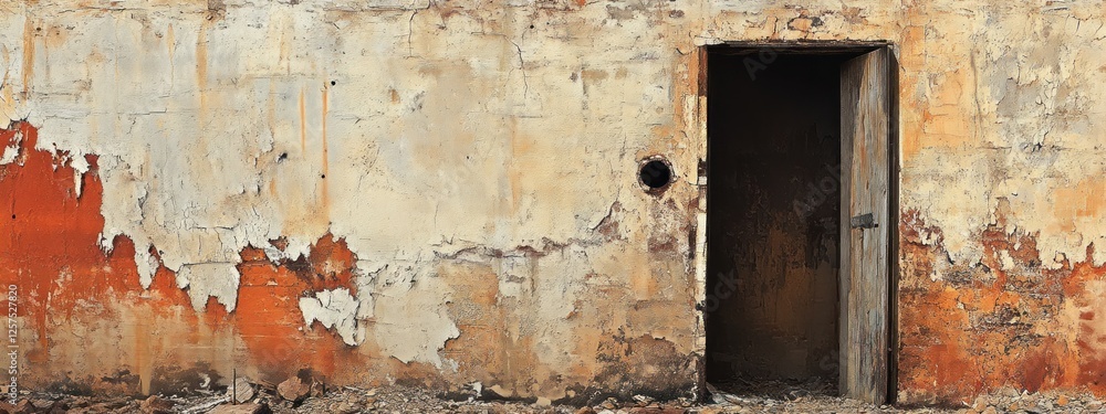 A Glimpse into Decay: An Open Doorway in a Rustic, Weathered Wall A Glimpse into Decay: An Open Doorway in a Rustic, Weathered Wall