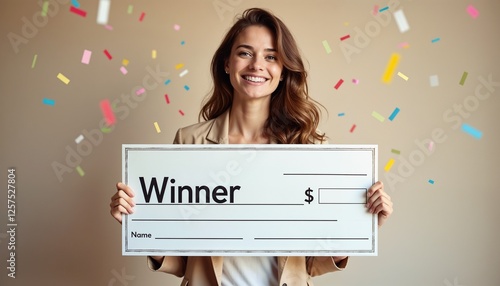 Smiling woman holding oversized blank winner check with confetti