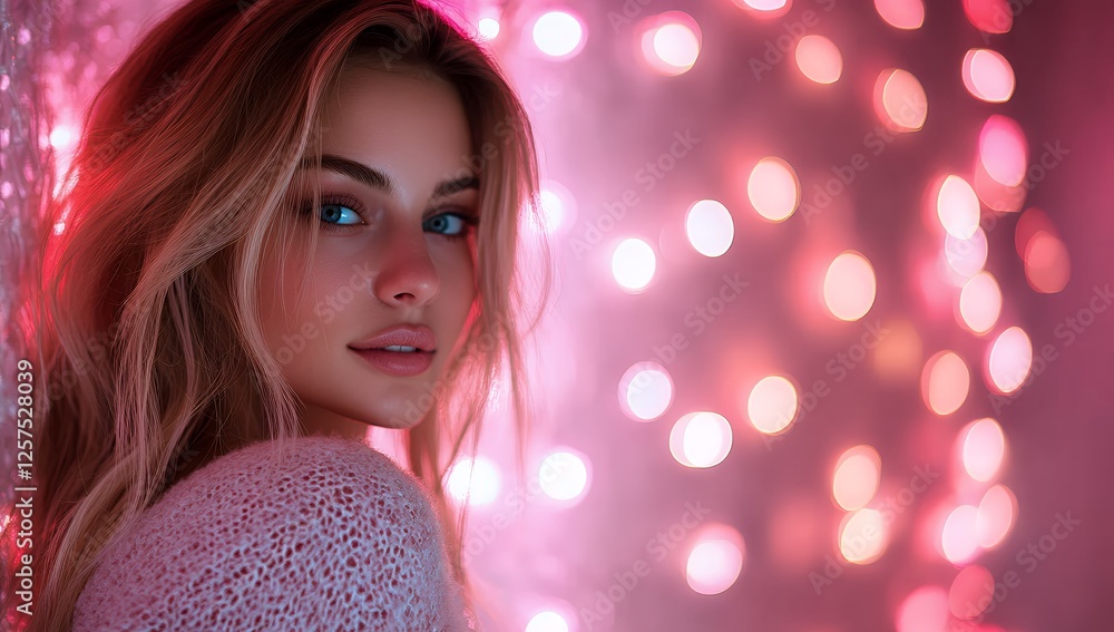 Naklejka premium A blonde woman with blue eyes poses against a bokeh background of pink lights, wearing a soft pink sweater