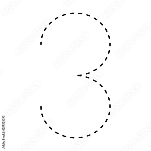 Tracing number 3 prewriting dotted line math worksheet element for kindergarten and preschool kids for handwriting practice activity