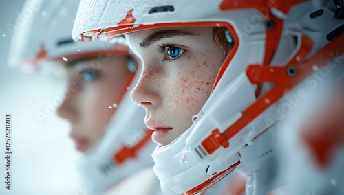 Two young women astronauts with freckles, wearing futuristic helmets, gaze ahead, ready for space exploration