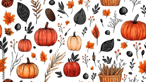 Autumn harvest pumpkins and leaves seamless pattern for fall textile design