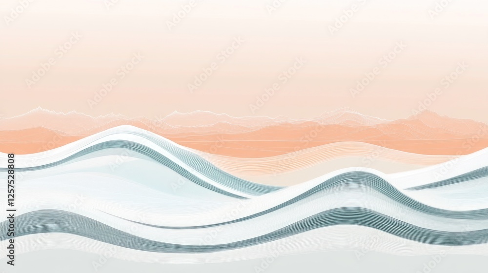 Abstract wavescape sunset mountains; peaceful nature scene, home decor Abstract wavescape sunset mountains; peaceful nature scene, home decor