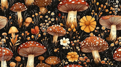 Autumnal mushroom and flower pattern, dark background, nature illustration, perfect for textile design
