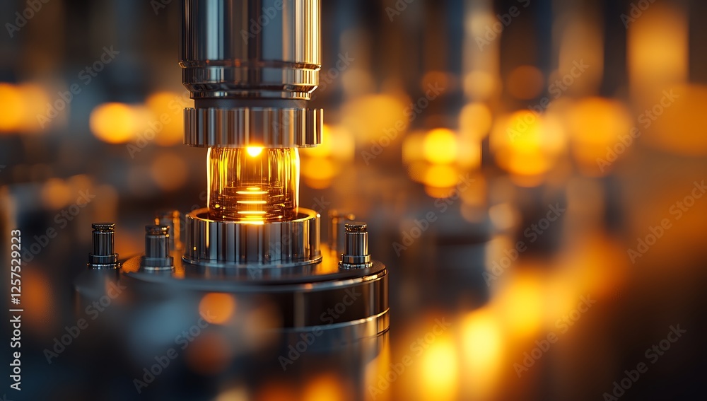 Industrial metal machine with glowing core and blurry lights. Industrial metal machine with glowing core and blurry lights.