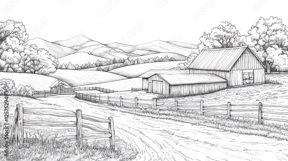 Fototapeta premium Rural Farm Scene Country road leads to barns in rolling hills