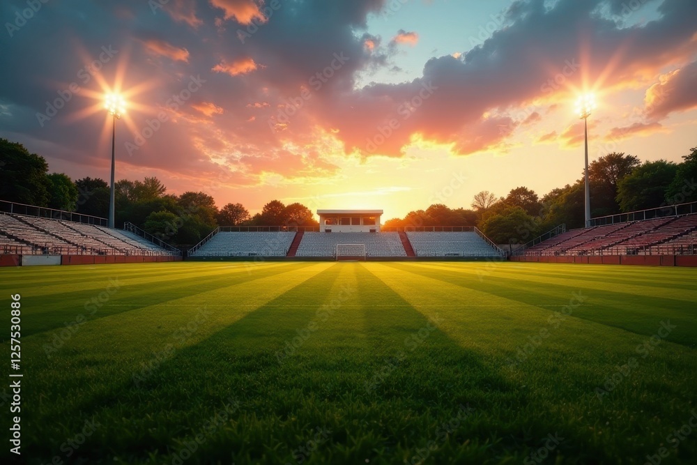 Sunset Serenade at the Empty Stadium A Vivid Panorama of a Lush Green Field Bathed in the Golden Hues of Evening Sunset Serenade at the Empty Stadium A Vivid Panorama of a Lush Green Field Bathed in the Golden Hues of Evening