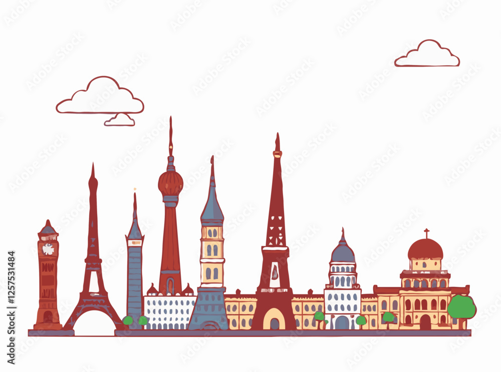 Fototapeta premium Contemporary Interpretation: Famous Landmarks Vector Illustration Set