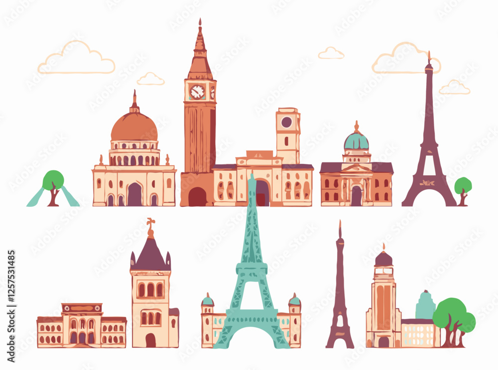 Fototapeta premium Contemporary Interpretation: Famous Landmarks Vector Illustration Set