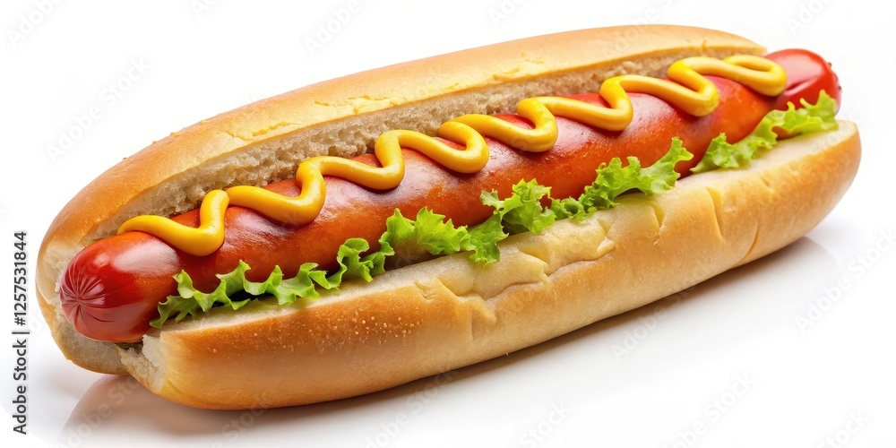 Hot Dog with Mustard and Lettuce on White Background Hot Dog with Mustard and Lettuce on White Background