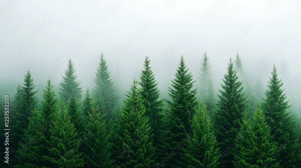 A group of trees in the middle of a foggy forest A group of trees in the middle of a foggy forest