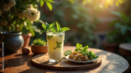 Refreshing doogh served in a Persian garden adorned with cultural elements photo