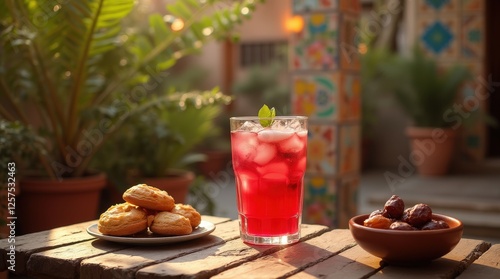 Refreshing sharbat served in a courtyard in Iraq with cultural decorations photo