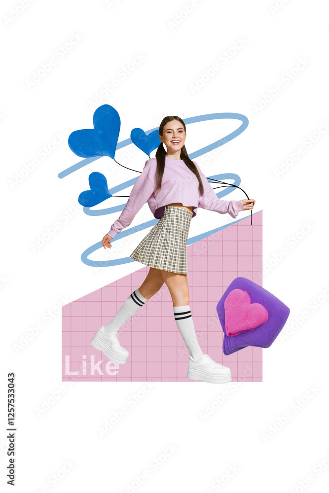3d retro creative template collage of smiling charming lady holding heart like balloons isolated painting background 3d retro creative template collage of smiling charming lady holding heart like balloons isolated painting background