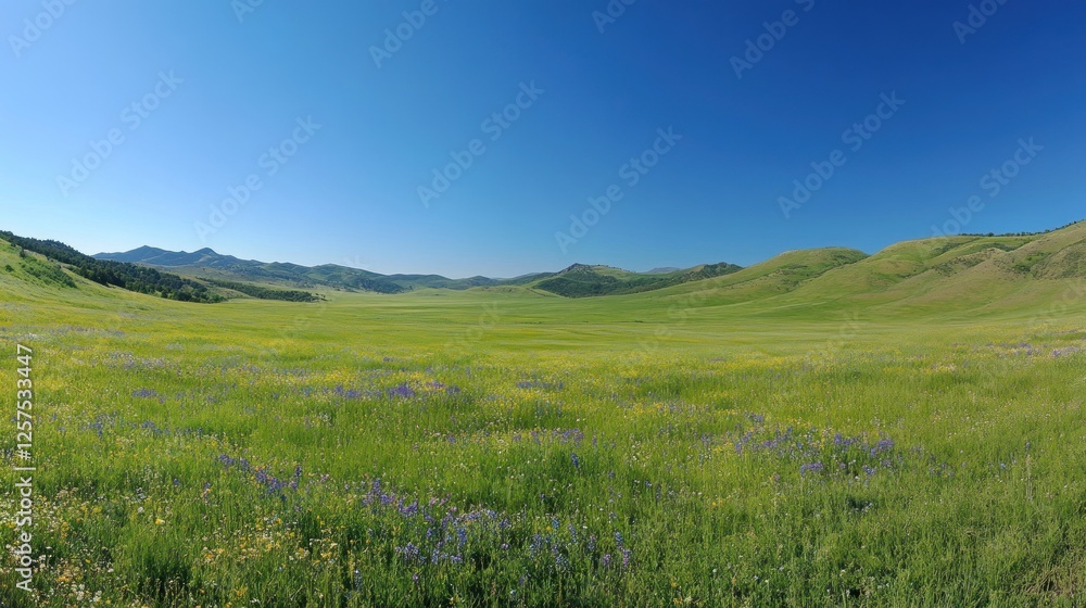 A vast green meadow under a clear blue sky with rolling hills and scattered wildflowers. A vast green meadow under a clear blue sky with rolling hills and scattered wildflowers.