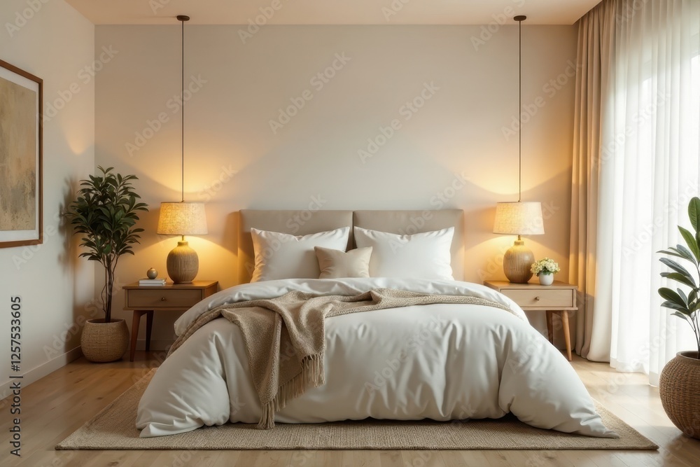 Fototapeta premium Serene Bedroom Interior Design Featuring a Comfortable King-Size Bed with Neutral Color Palette and Soft Lighting