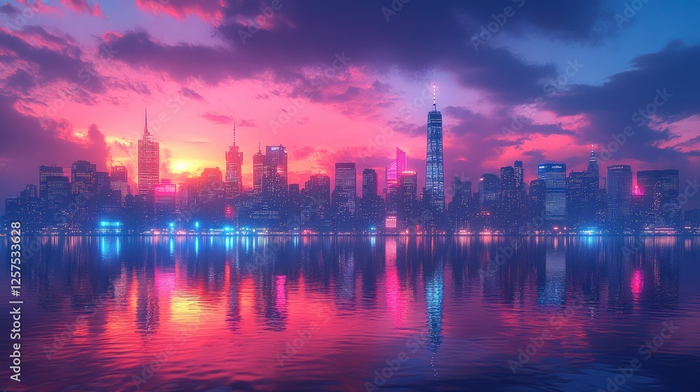 Naklejka premium Pink sunset cityscape reflection vibrant city lights