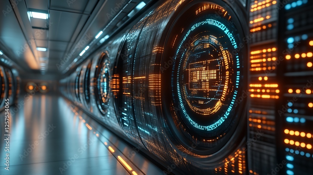 Fototapeta premium Futuristic Data Center Corridor with Illuminated Servers
