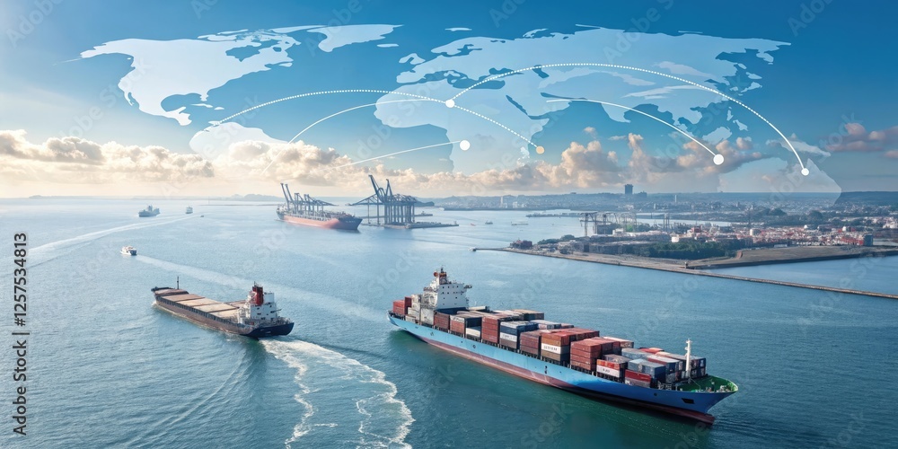 Global shipping network with cargo ships in harbor Global shipping network with cargo ships in harbor