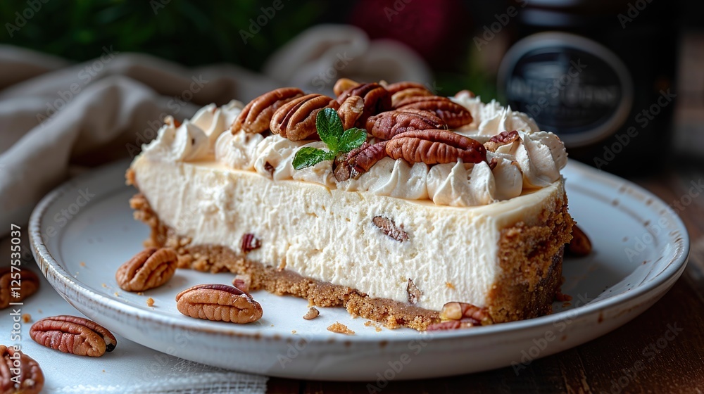 Delicious cheesecake slice topped with pecans on white plate, perfect for dessert lovers. Enjoy creamy texture and nutty flavor in every bite HD 8K wallpaper Photographic Image