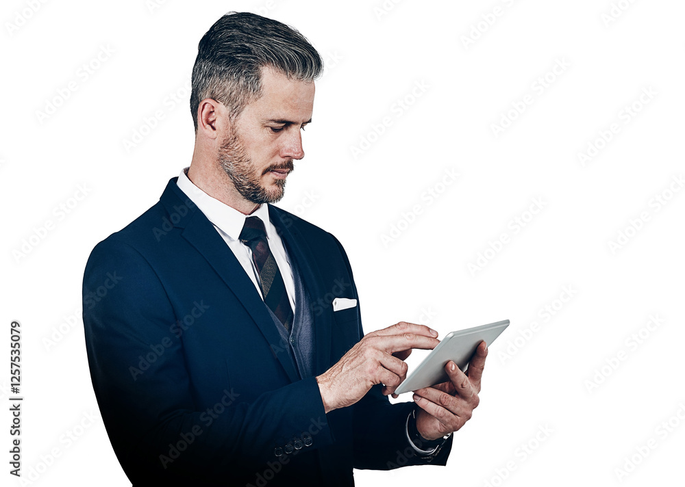 Tablet, stock market and businessman in studio for finance report with email for communication. Technology, trading and male financial manager with contact for profit growth by white background. Tablet, stock market and businessman in studio for finance report with email for communication. Technology, trading and male financial manager with contact for profit growth by white background.