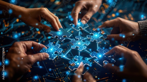Futuristic digital multiple hands assembling glowing puzzle pieces on high-tech circuit board, symbolizing artificial intelligence, collaboration, big data, cyber connections, problem-solving.
