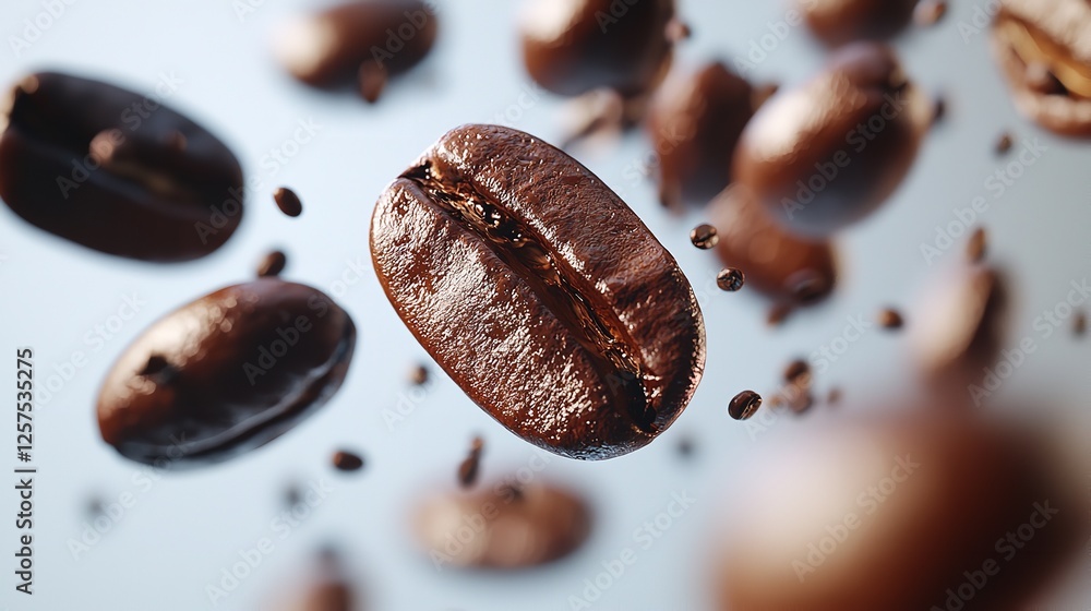 3D coffee beans scattering in midair, white background, lifelike textures, highcontrast shadows, detailed closeup effect 3D coffee beans scattering in midair, white background, lifelike textures, highcontrast shadows, detailed closeup effect