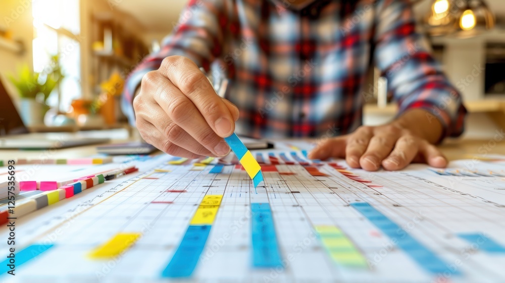Fototapeta premium Hands arranging colorful sticky notes on a detailed project timeline, representing planning, scheduling, and organization in business management...