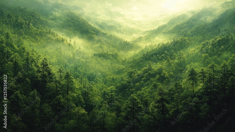 Lush Green Mountain Valley Shrouded in Mist with Sunlight Filtering Through Trees in Background Lush Green Mountain Valley Shrouded in Mist with Sunlight Filtering Through Trees in Background