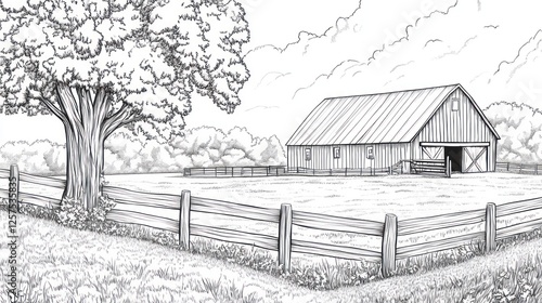 Wallpaper Mural Rustic Barn in Green Pasture, Peaceful Countryside Scene, Coloring Book Illustration Torontodigital.ca