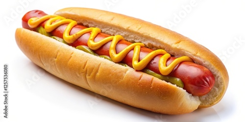 Hot Dog with Mustard and Relish on White Background photo