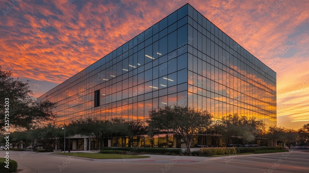 Fototapeta premium modern glass office building, sunset architectural photography, reflective facade design, contemporary corporate structure, landscaped urban setting, golden hour lighting, geometric glass panels,