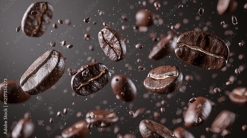 Close-Up View of Coffee Beans Falling on Dark Surface Close-Up View of Coffee Beans Falling on Dark Surface