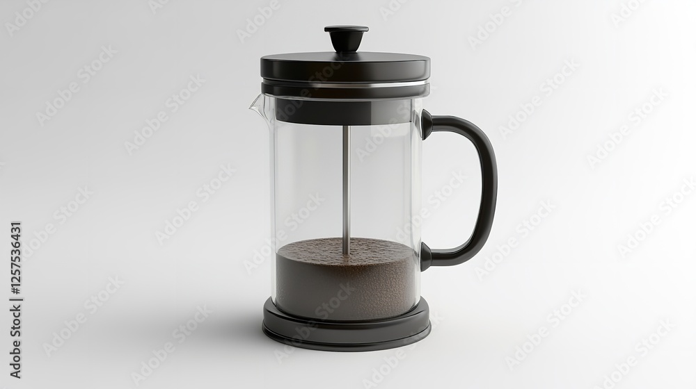 An elegant, modern French press coffee maker with a stunning chrome finish is isolated on a white background, perfect for coffee lovers. An elegant, modern French press coffee maker with a stunning chrome finish is isolated on a white background, perfect for coffee lovers.