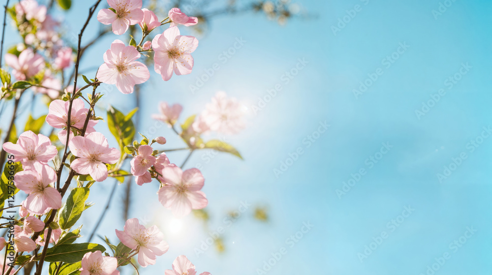 Cherry blossoms against a clear blue sky with sunlight shining through the flowers, creating a serene and vibrant springtime scene. Cherry blossoms against a clear blue sky with sunlight shining through the flowers, creating a serene and vibrant springtime scene.