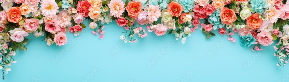 Colorful flowers arranged on a blue background creating a vibrant and cheerful display Colorful flowers arranged on a blue background creating a vibrant and cheerful display