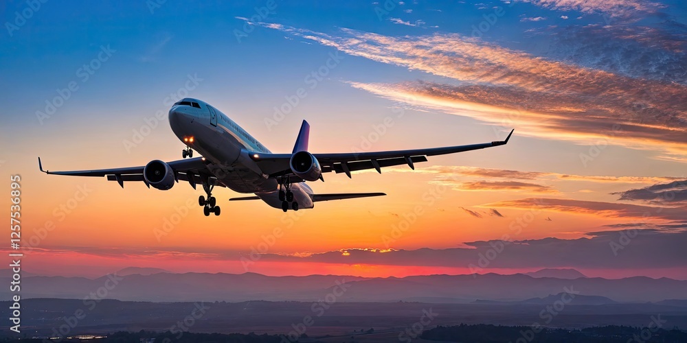 Airplane Landing at Sunset Over Scenic Landscape Airplane Landing at Sunset Over Scenic Landscape
