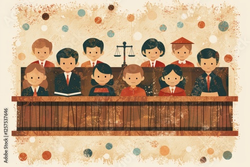 Retro-styled illustration of children in a courtroom scene with vibrant colors and vintage textures, representing fairness, teamwork, and innocence in a creative mock trial concept...